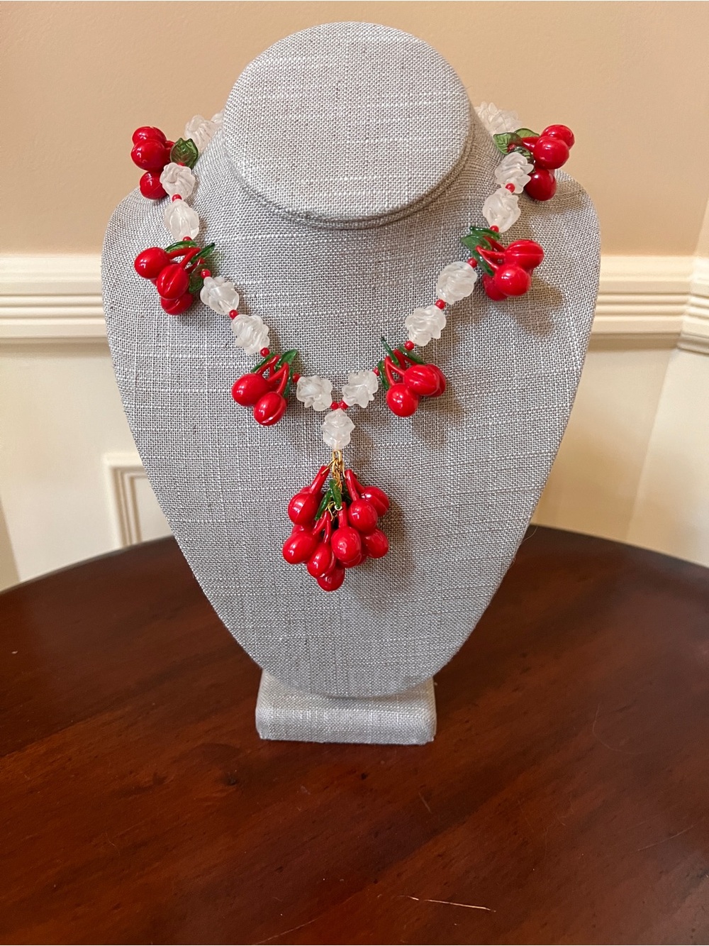Vintage Funky Jewels Red Lucite Cherries  Salad Charm Statement Necklace!